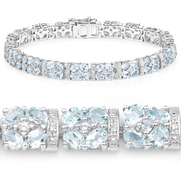15.22 Carat Genuine Blue Topaz and White Topaz .925 Sterling Silver Bracelet